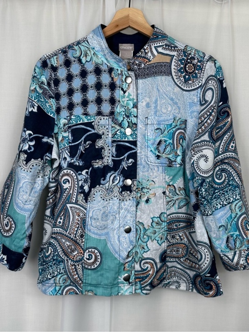 Chicos Kings Navy Mixed Print Paisley Reversible Linen Patchwork Jacket Size 1 M